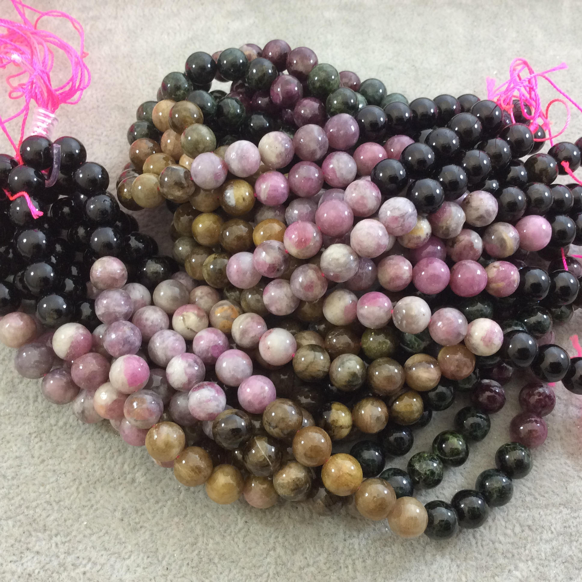 8mm Glossy Finish Natural Gradient Rainbow Tourmaline Round/Ball Shaped Beads with 1mm Holes - Sold by 15.5" Strands (Approx. 50 Beads)