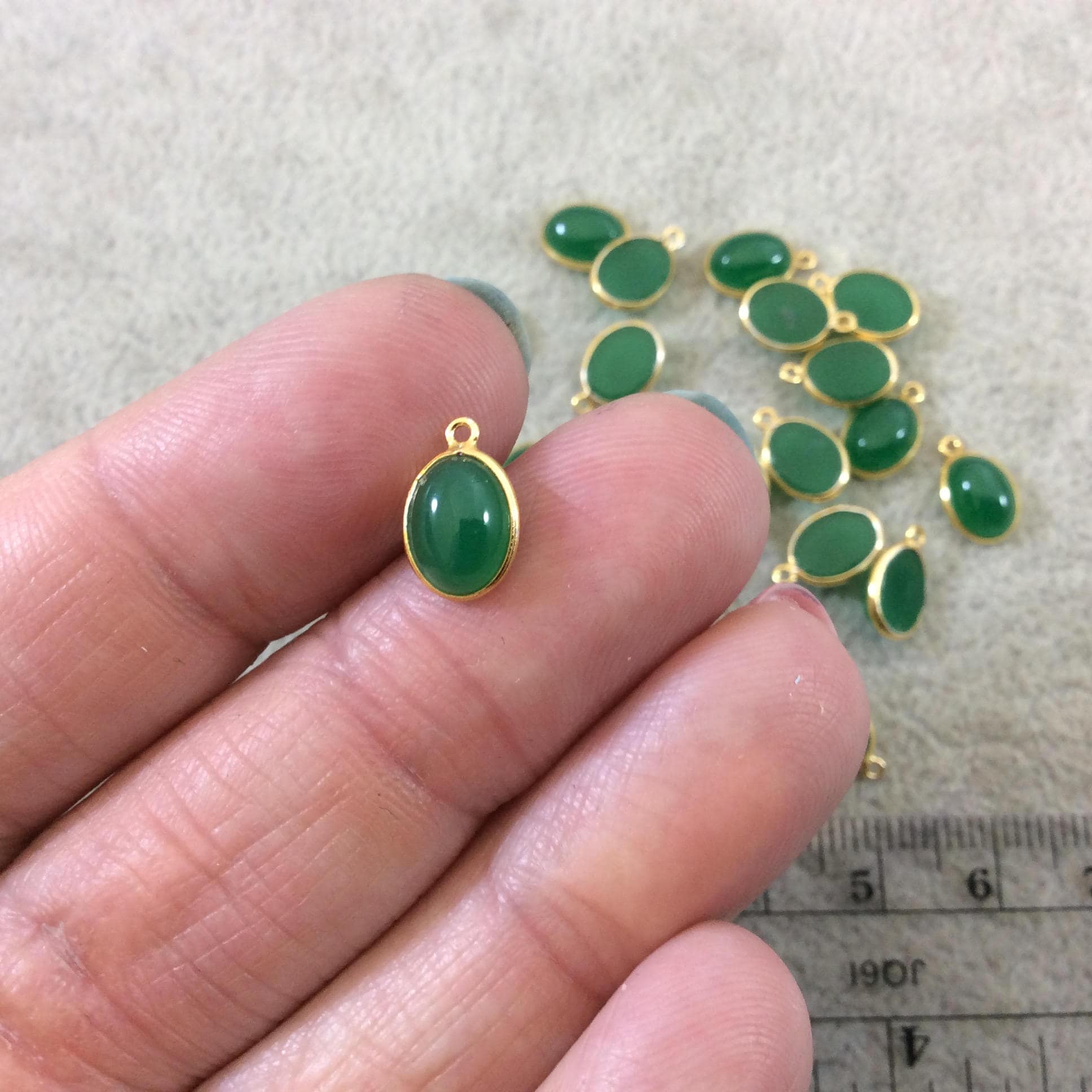 Green Onyx Bezel | BULK LOT - Pack of Six (6) Gold Vermeil Flat Back Smooth Oblong Oval Shaped Natural Pendants - Measuring 6mm x 8mm