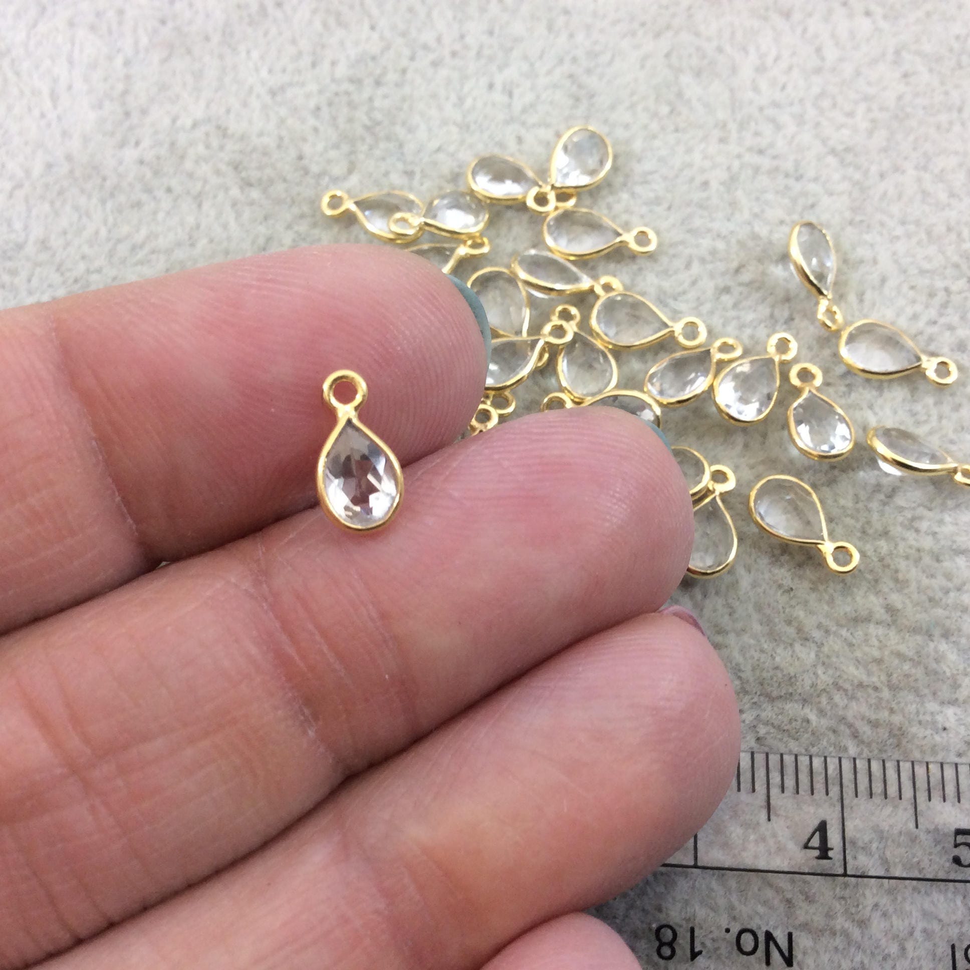 BULK LOT - Pack of Six (6) Gold Vermeil Pointed/Cut Stone Faceted Teardrop Shaped Natural Clear Quartz Bezel Pendants - Measures 4mm x 6mm