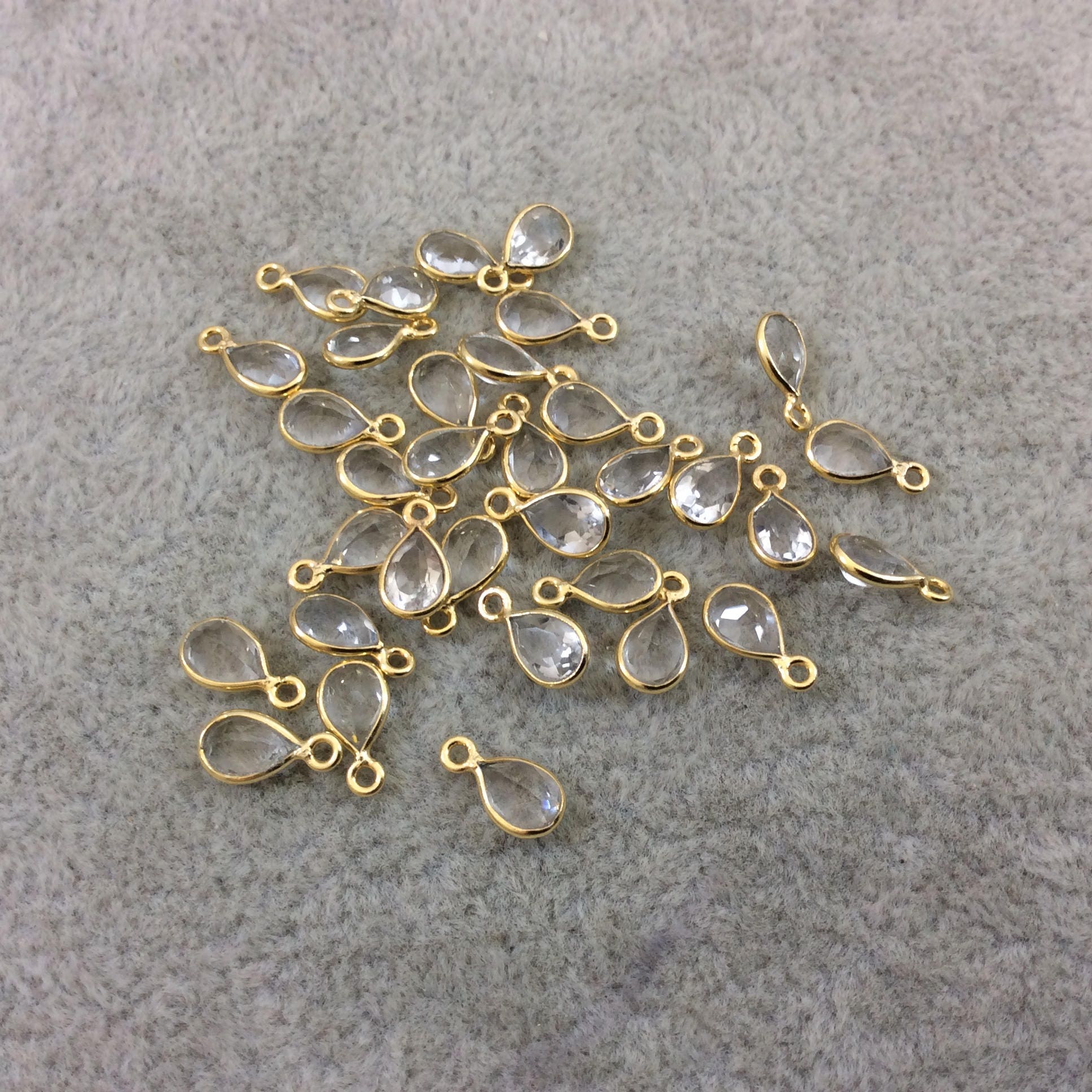 BULK LOT - Pack of Six (6) Gold Vermeil Pointed/Cut Stone Faceted Teardrop Shaped Natural Clear Quartz Bezel Pendants - Measures 4mm x 6mm