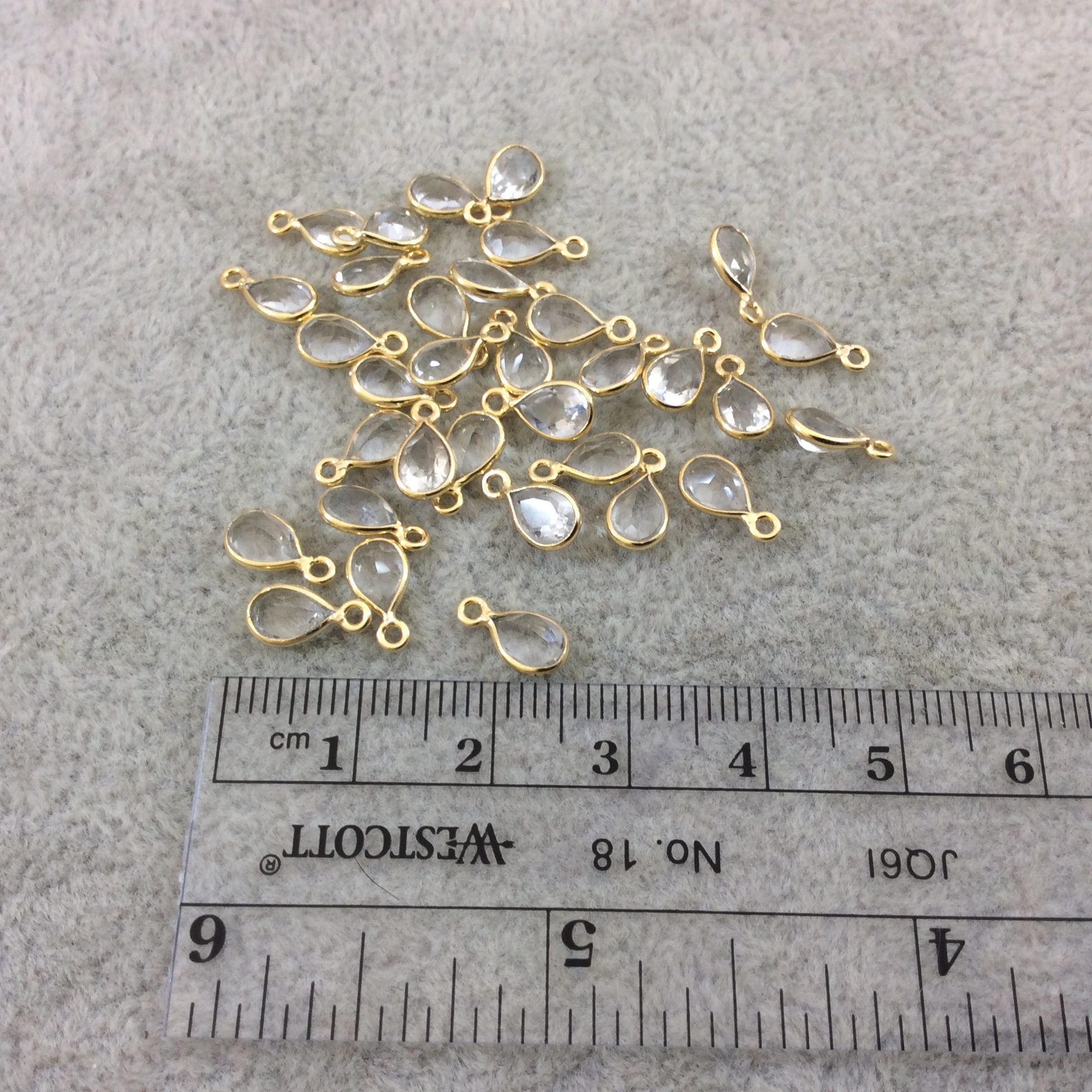 BULK LOT - Pack of Six (6) Gold Vermeil Pointed/Cut Stone Faceted Teardrop Shaped Natural Clear Quartz Bezel Pendants - Measures 4mm x 6mm