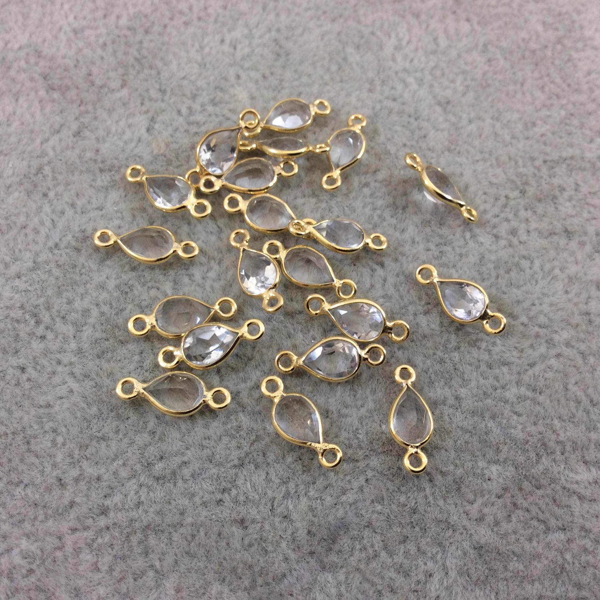 BULK LOT - Pack of Six (6) Gold Vermeil Pointed/Cut Stone Faceted Teardrop Shaped Clear Natural Quartz  Bezel Connectors  Measures 4mm x 6mm
