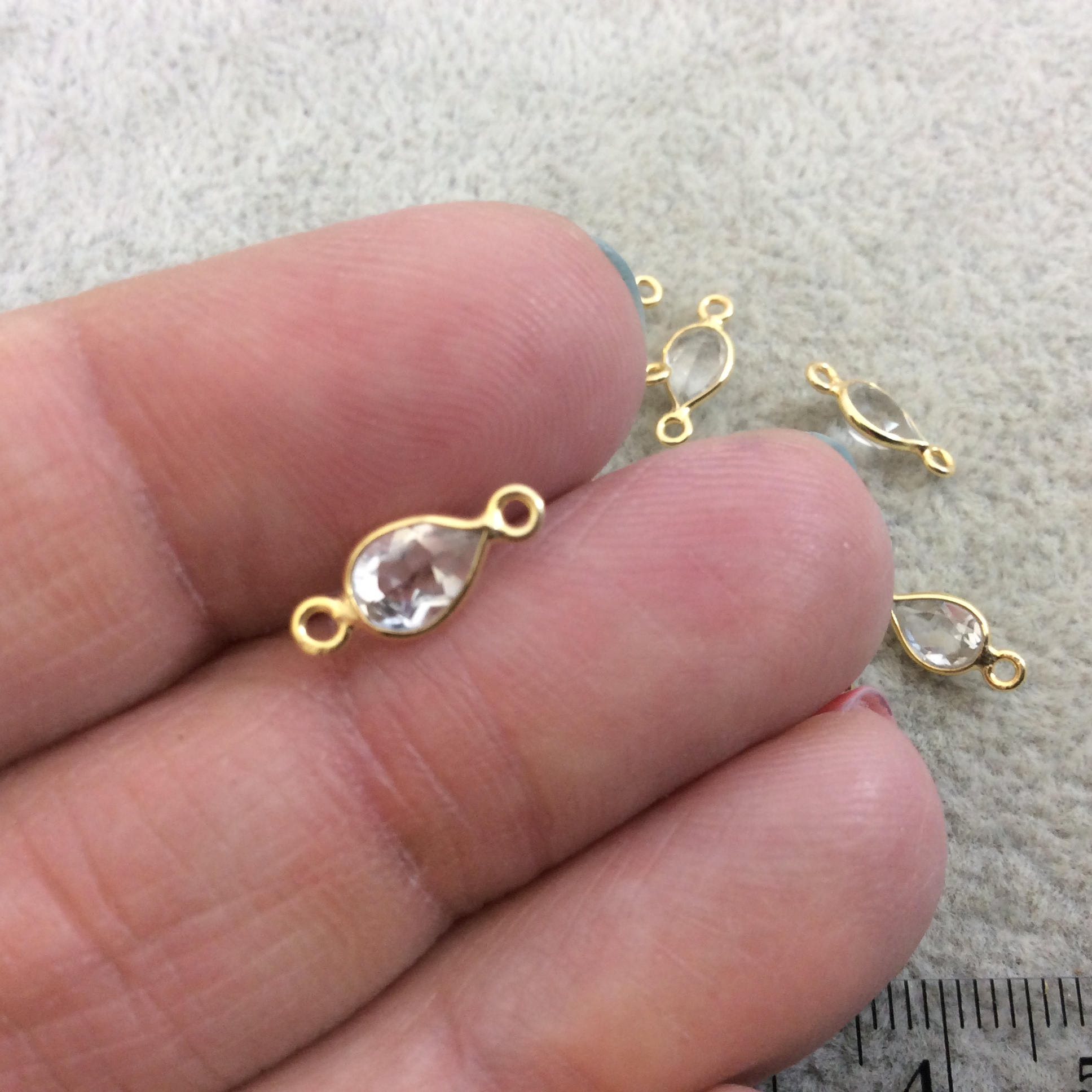BULK LOT - Pack of Six (6) Gold Vermeil Pointed/Cut Stone Faceted Teardrop Shaped Clear Natural Quartz  Bezel Connectors  Measures 4mm x 6mm