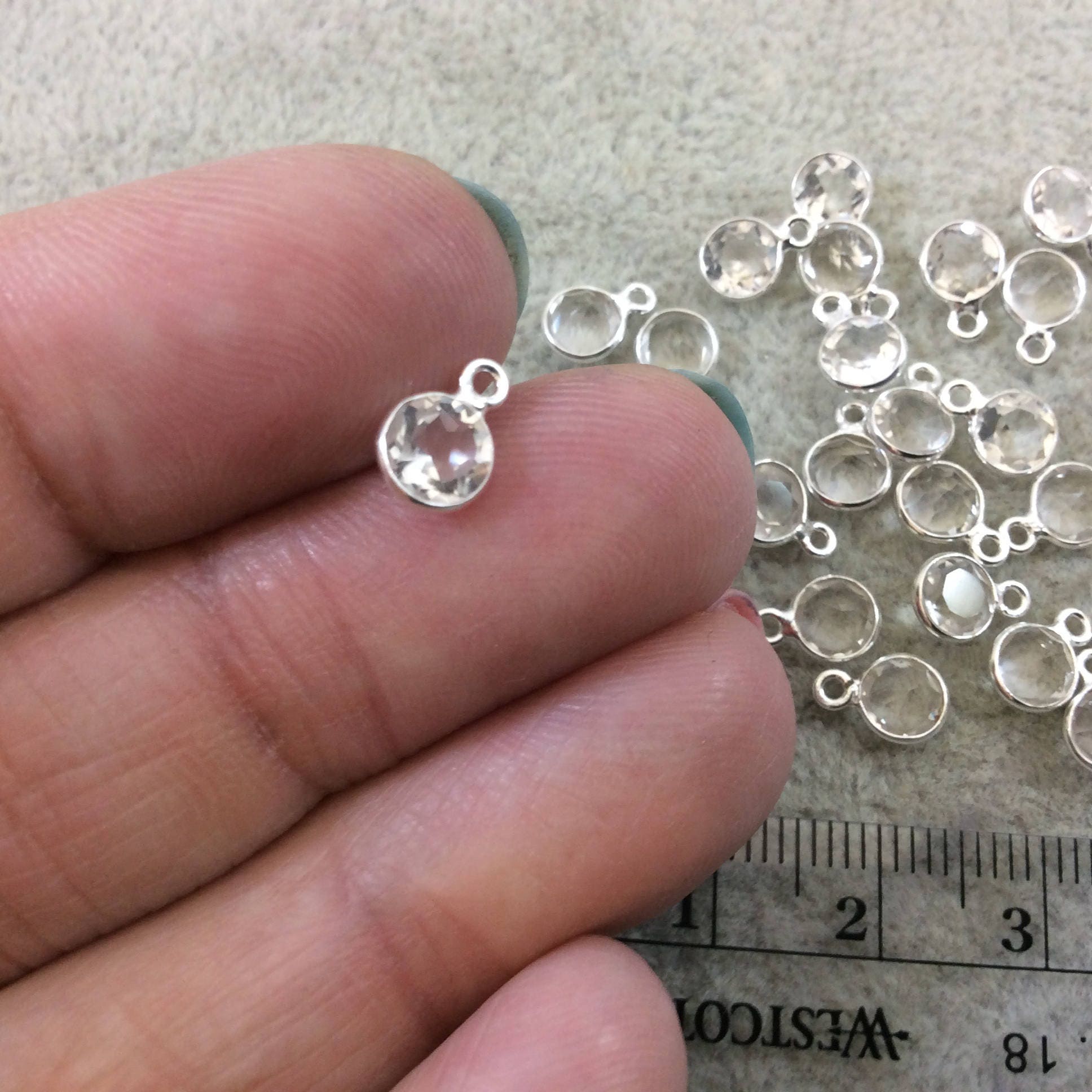 BULK LOT - Pack of Six (6) Sterling Silver Pointed/Cut Stone Faceted Round/Coin Shaped Clear Quartz Bezel Pendants - Measuring 5mm x 5mm