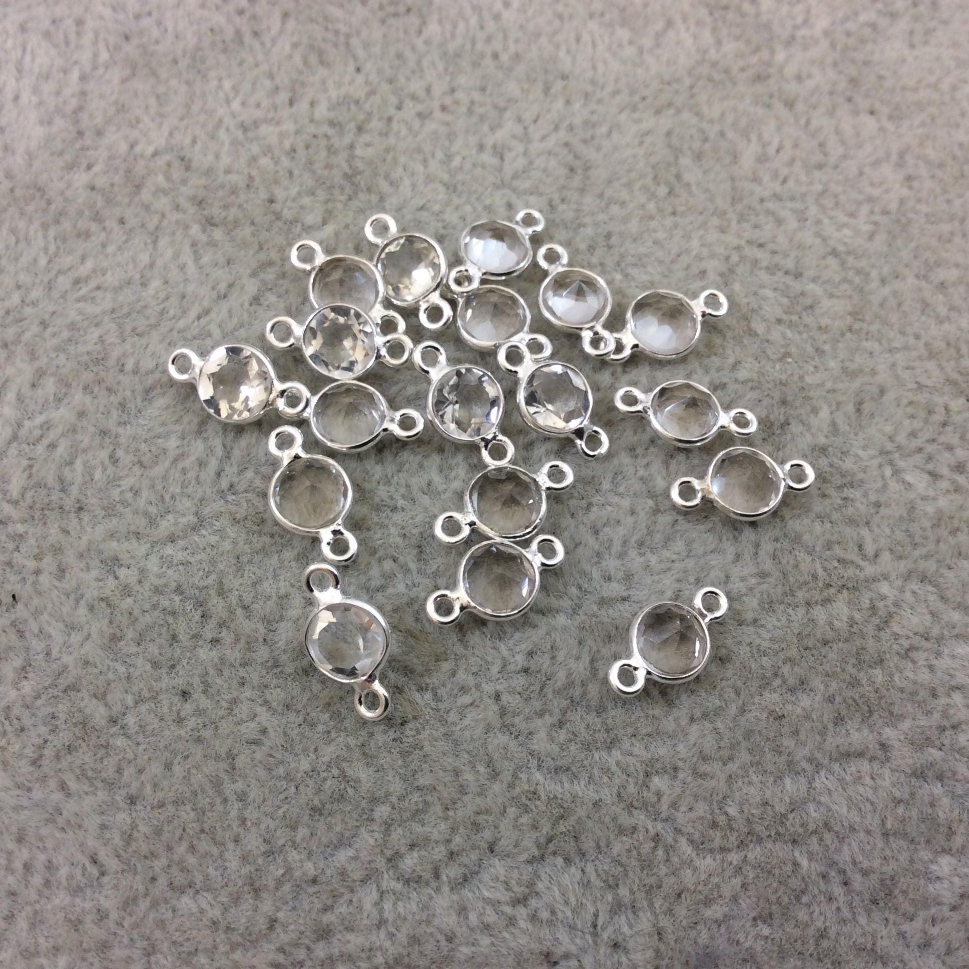 BULK LOT - Pack of Six (6) Sterling Silver Pointed/Cut Stone Faceted Round/Coin Shaped Clear Quartz Bezel Connectors - Measuring 5mm x 5mm