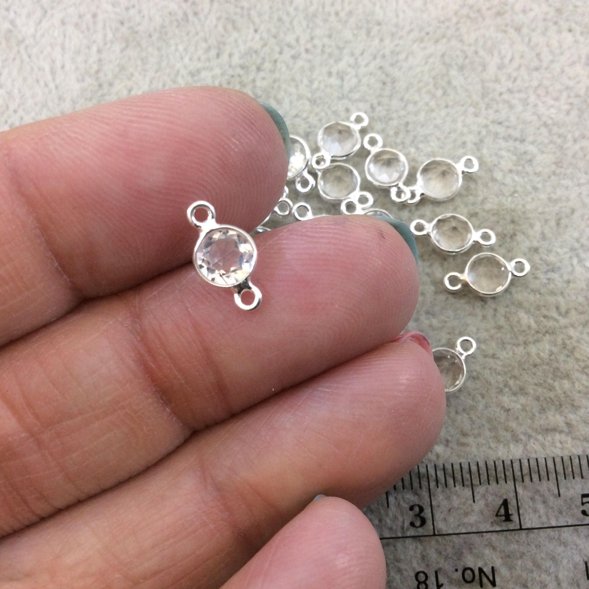 BULK LOT - Pack of Six (6) Sterling Silver Pointed/Cut Stone Faceted Round/Coin Shaped Clear Quartz Bezel Connectors - Measuring 5mm x 5mm