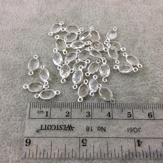BULK LOT - Pack of Six (6) Sterling Silver Pointed/Cut Stone Faceted Oval Shaped Clear Quartz Bezel Connectors - Measuring 5mm x 7mm