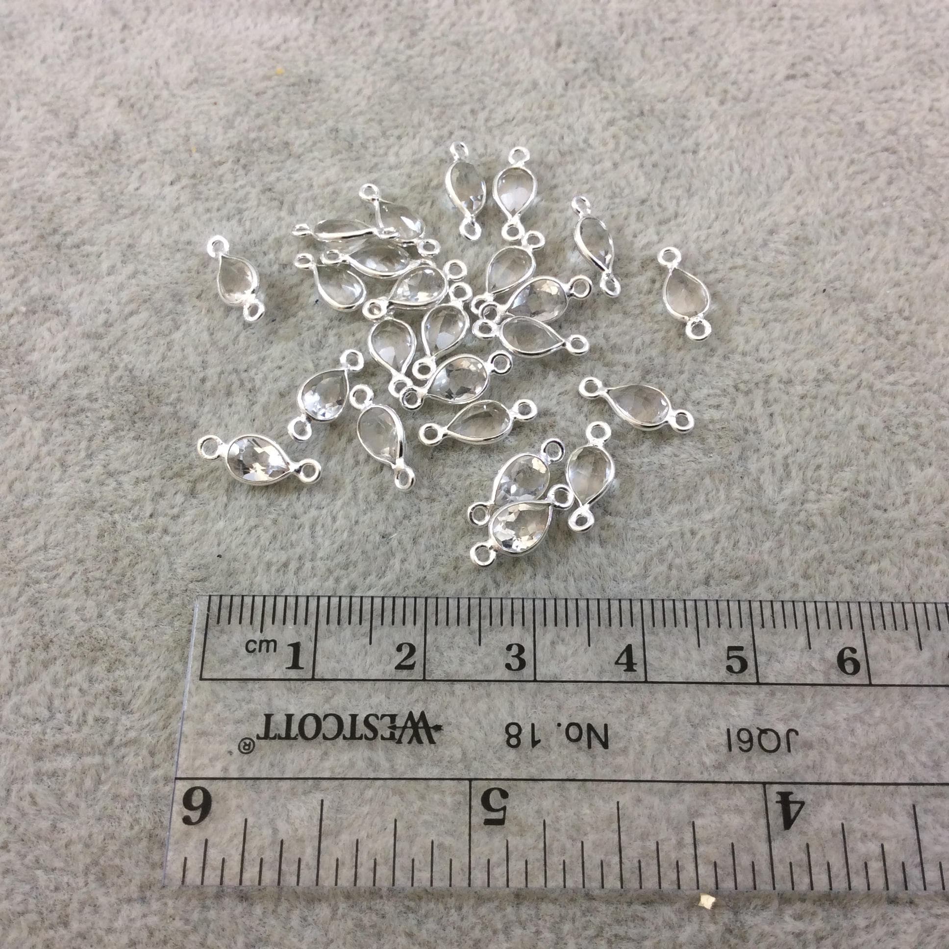 BULK LOT - Pack of Six (6) Sterling Silver Pointed/Cut Stone Faceted Teardrop Shaped Clear Quartz Bezel Connectors - Measuring 4mm x 6mm