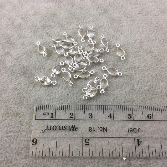 BULK LOT - Pack of Six (6) Sterling Silver Pointed/Cut Stone Faceted Teardrop Shaped Clear Quartz Bezel Connectors - Measuring 4mm x 6mm