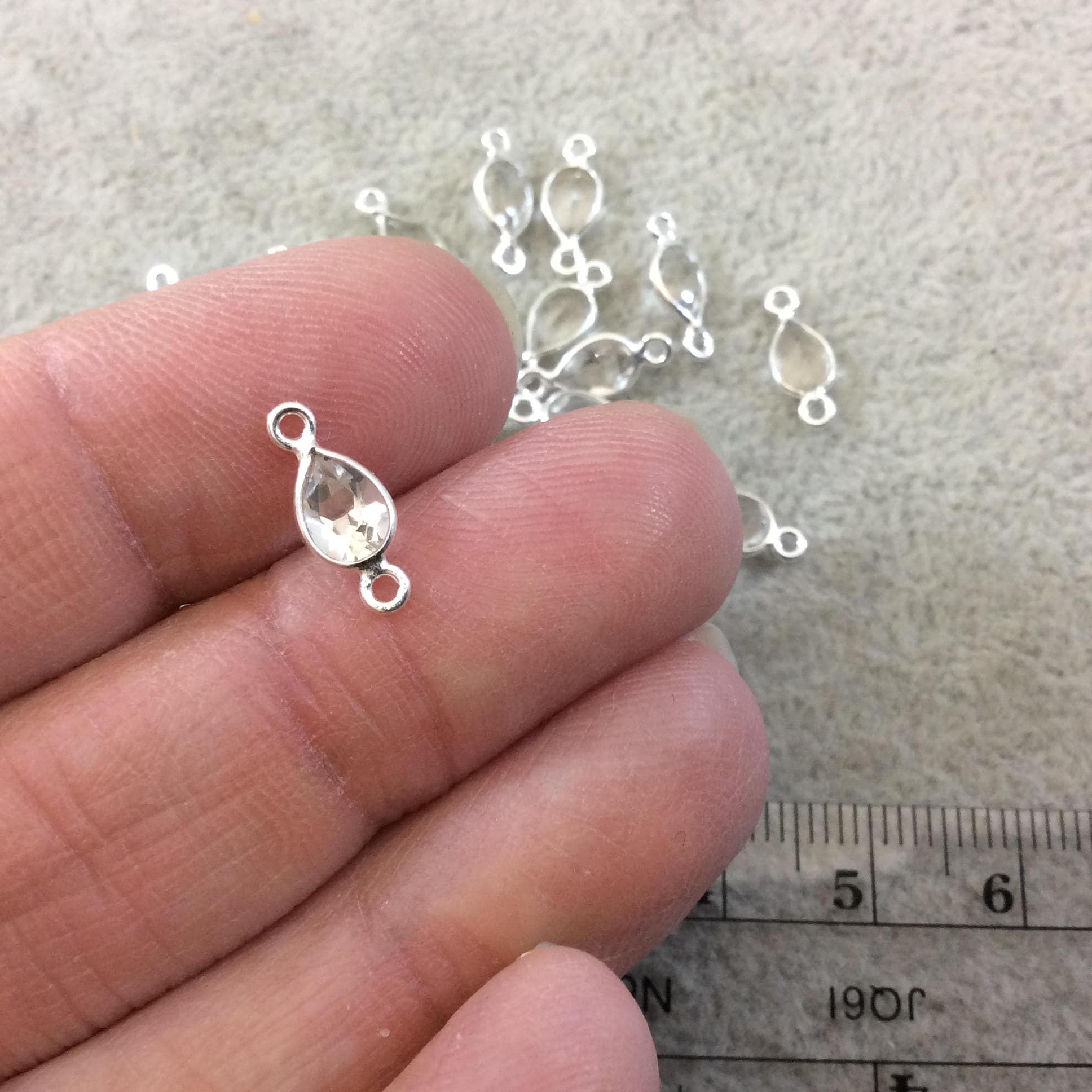 BULK LOT - Pack of Six (6) Sterling Silver Pointed/Cut Stone Faceted Teardrop Shaped Clear Quartz Bezel Connectors - Measuring 4mm x 6mm