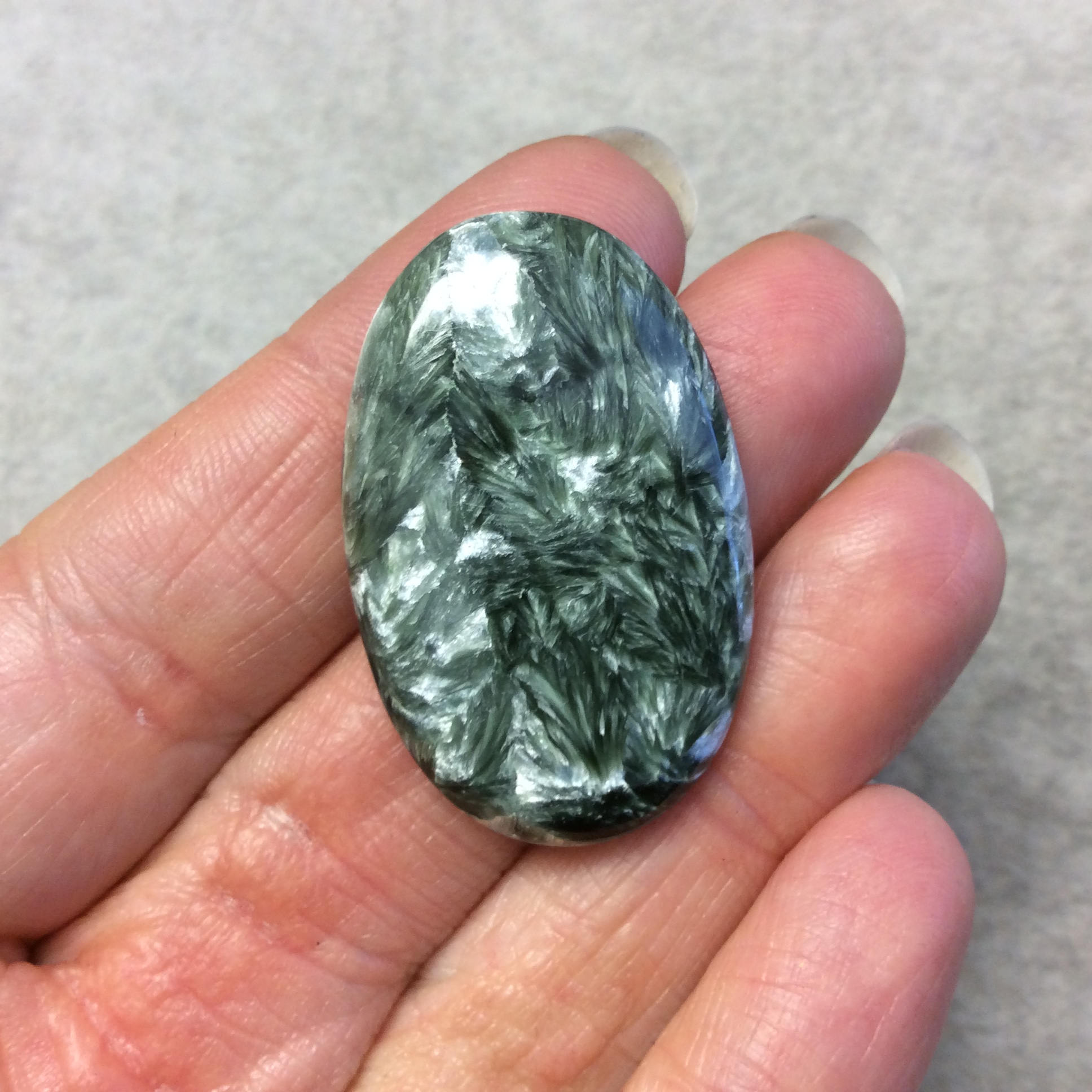 OOAK Natural Green Seraphinite Oblong Oval Shaped Flat Back Cabochon - Measuring 24mm x 38mm, 6mm Dome Height - Gemstone Cab