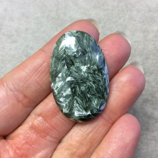 OOAK Natural Green Seraphinite Oblong Oval Shaped Flat Back Cabochon - Measuring 24mm x 38mm, 6mm Dome Height - Gemstone Cab