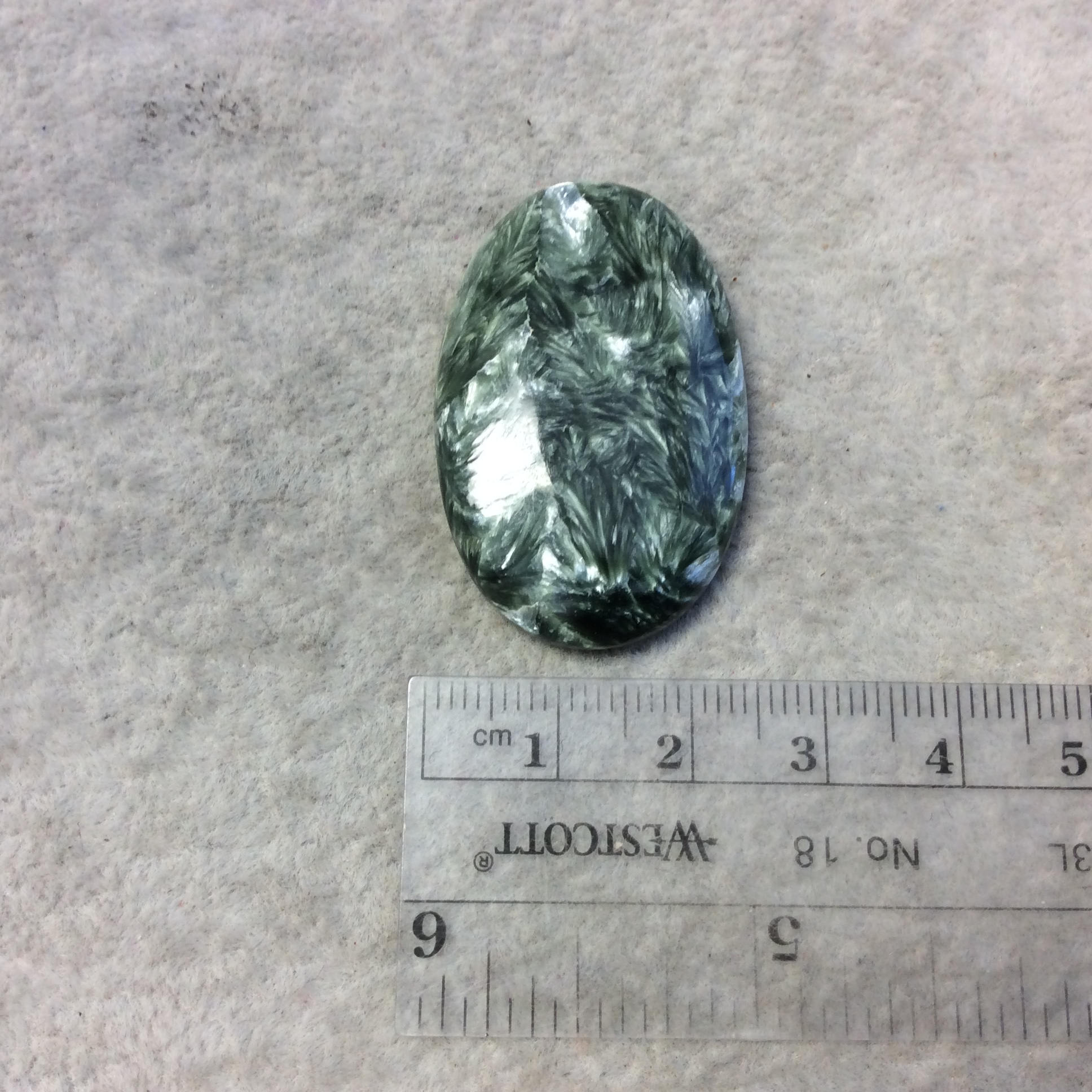 OOAK Natural Green Seraphinite Oblong Oval Shaped Flat Back Cabochon - Measuring 24mm x 38mm, 6mm Dome Height - Gemstone Cab