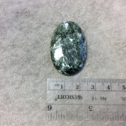 OOAK Natural Green Seraphinite Oblong Oval Shaped Flat Back Cabochon - Measuring 24mm x 38mm, 6mm Dome Height - Gemstone Cab