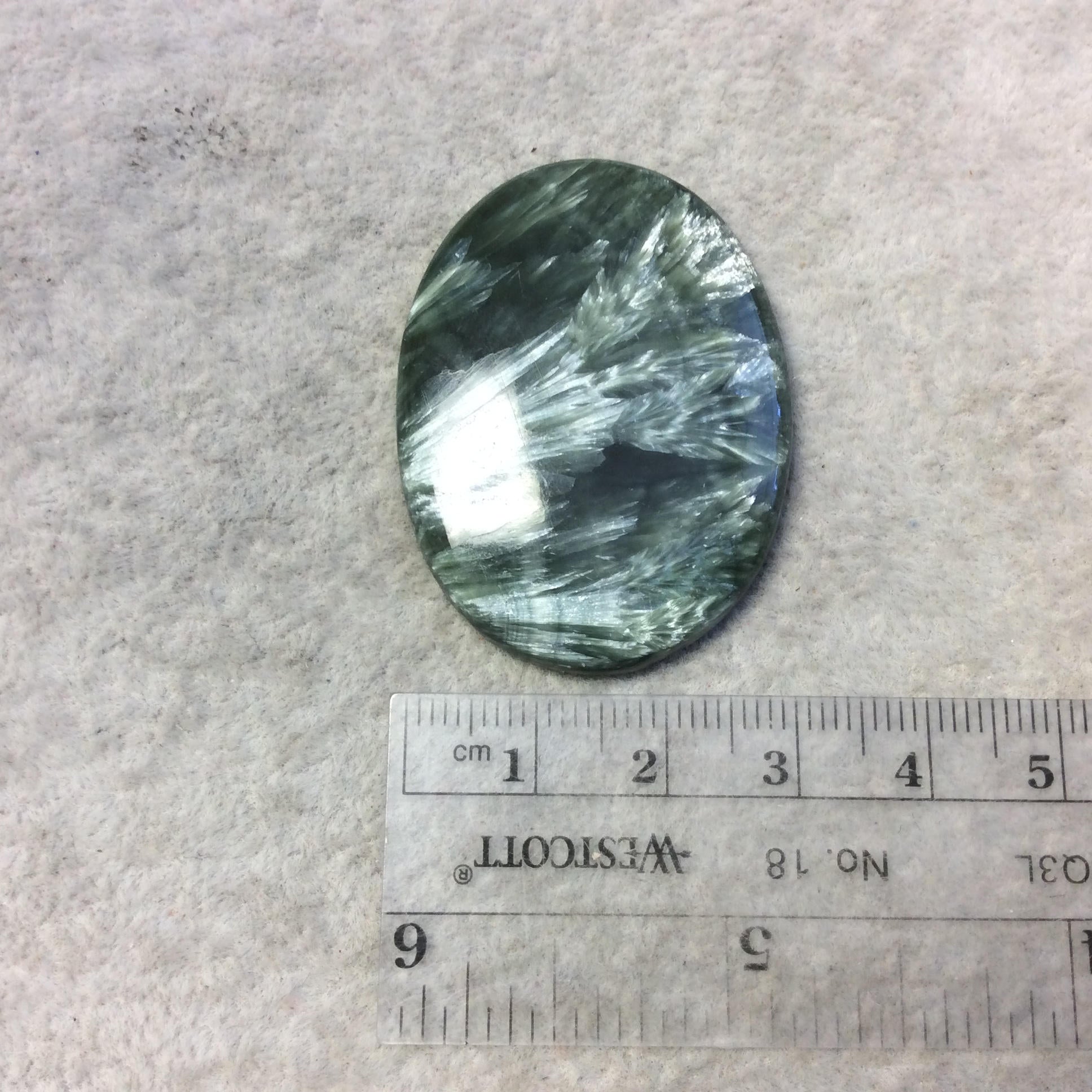 OOAK Natural Green Seraphinite Oblong Oval Shaped Flat Back Cabochon - Measuring 32mm x 43mm, 5mm Dome Height - Gemstone Cab