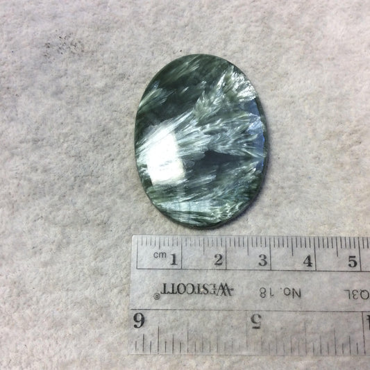 OOAK Natural Green Seraphinite Oblong Oval Shaped Flat Back Cabochon - Measuring 32mm x 43mm, 5mm Dome Height - Gemstone Cab