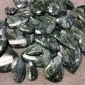 OOAK Natural Green Seraphinite Oblong Oval Shaped Flat Back Cabochon - Measuring 24mm x 38mm, 6mm Dome Height - Gemstone Cab