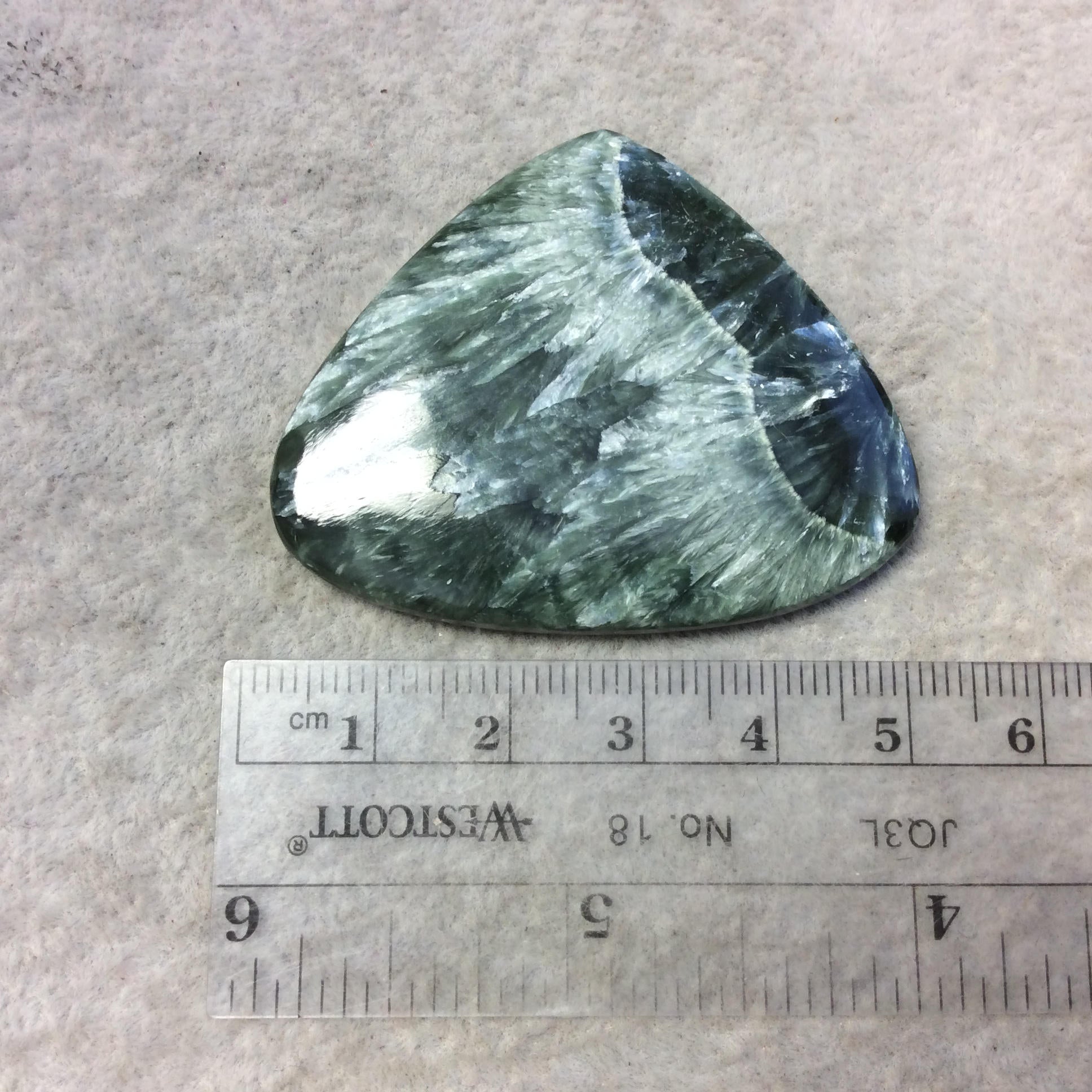 OOAK Natural Green Seraphinite Teardrop/Pear Shaped Flat Back Cabochon - Measuring 49mm x 41mm, 5mm Dome Height - Gemstone Cab