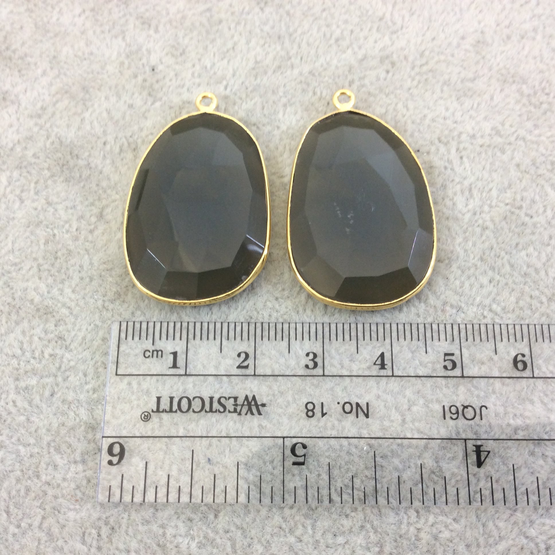One Pair of OOAK Gold Plated Natural Gray Green Agate Freeform Shaped Bezel Pendants "AP4"- Measuring 21mm x 31mm - High Quality Gemstone