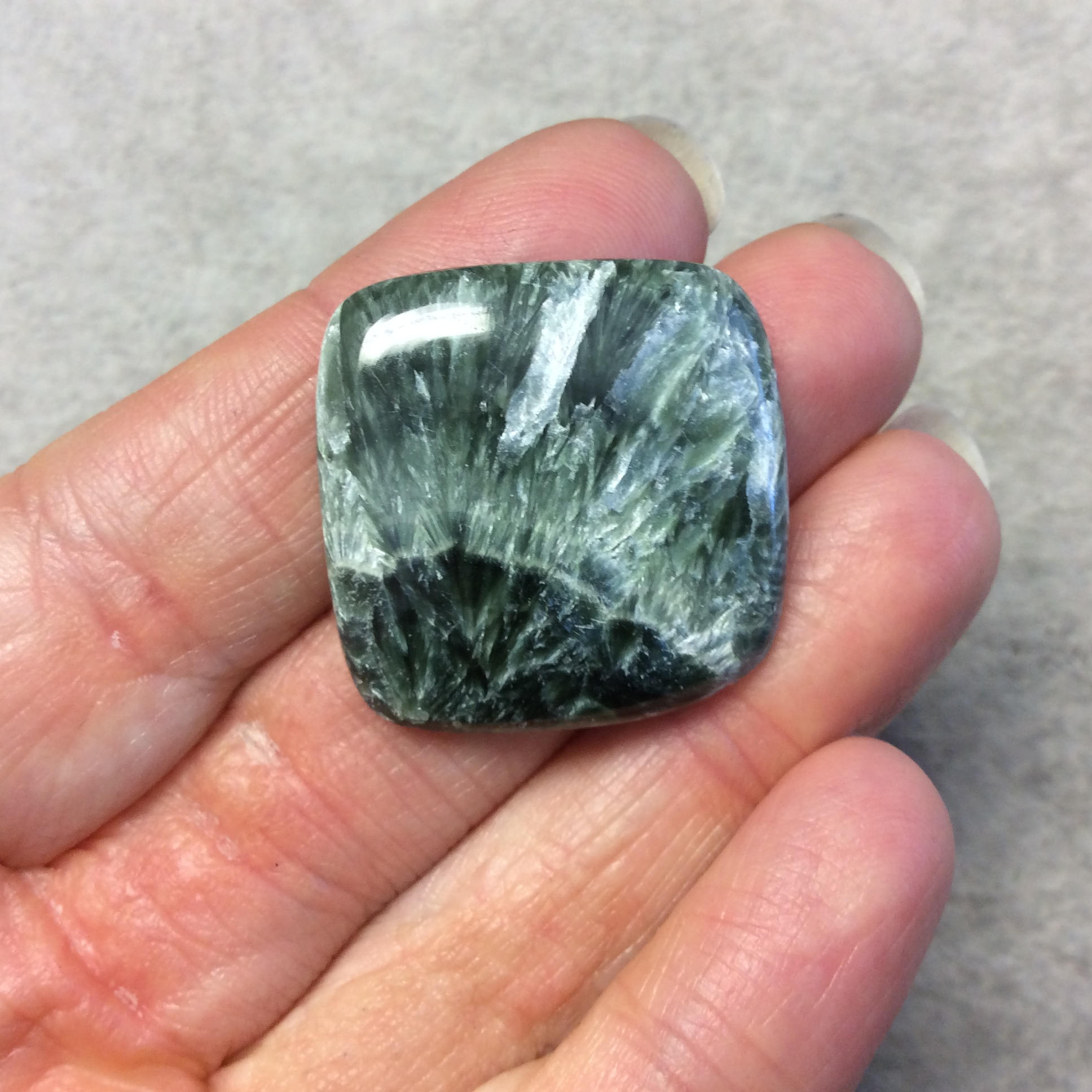 OOAK Natural Green Seraphinite Rounded Square Shaped Flat Back Cabochon - Measuring 28.5mm x 28mm, 6mm Dome Height - Gemstone Cab