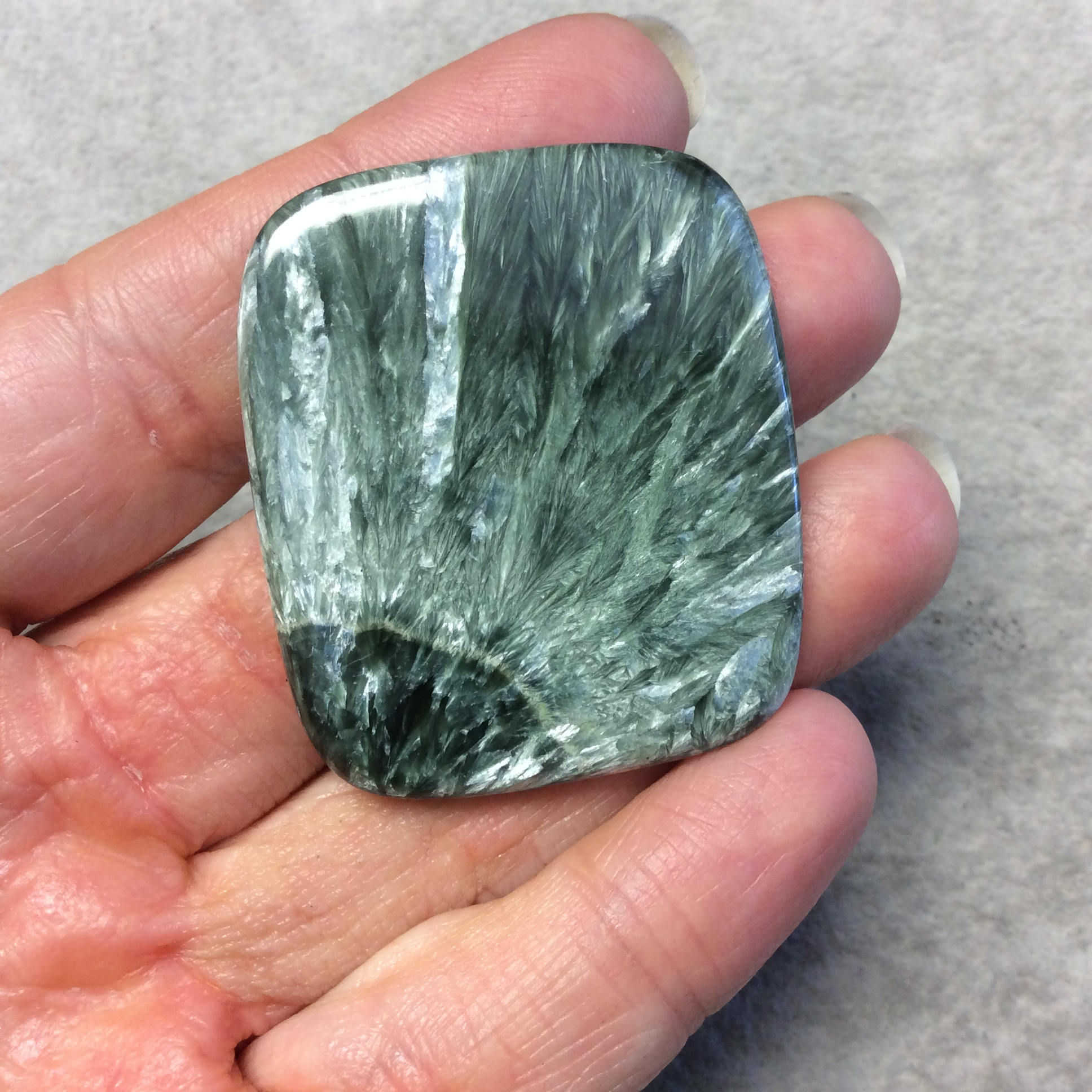 OOAK Natural Green Seraphinite Rectangle Shaped Flat Back Cabochon - Measuring 38mm x 44mm, 4.5mm Dome Height - Gemstone Cab