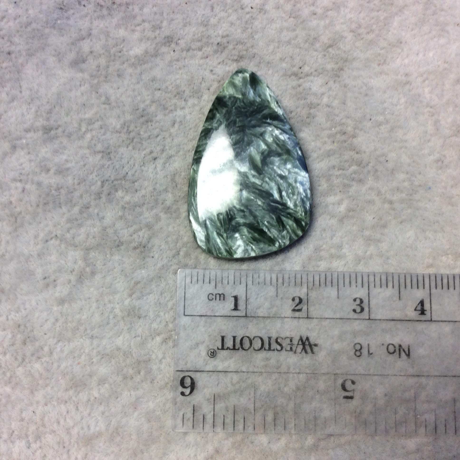 OOAK Natural Green Seraphinite Freeform Tear Shaped Flat Back Cabochon - Measuring 21mm x 33mm, 3.5mm Dome Height - Gemstone Cab