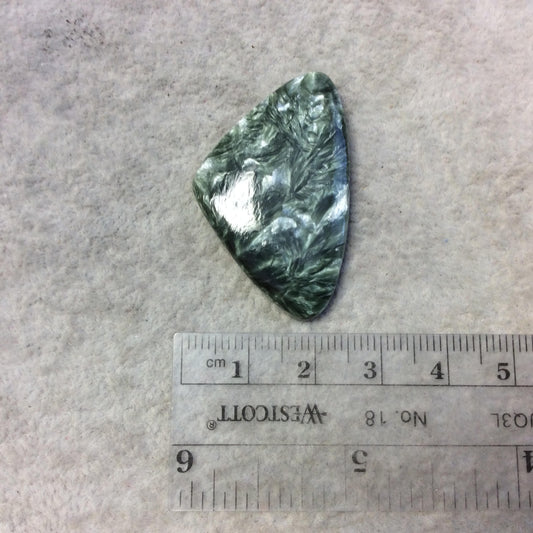 OOAK Natural Green Seraphinite Freeform Sail Shaped Flat Back Cabochon - Measuring 25mm x 40mm, 4.5mm Dome Height - Gemstone Cab
