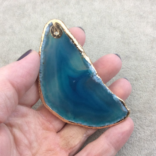 OOAK Large Drilled Gold Electroplated Freeform Shaped Banded Blue Agate "D" Slice Focal Pendant - Measuring 38mm x 78mm, Approximately