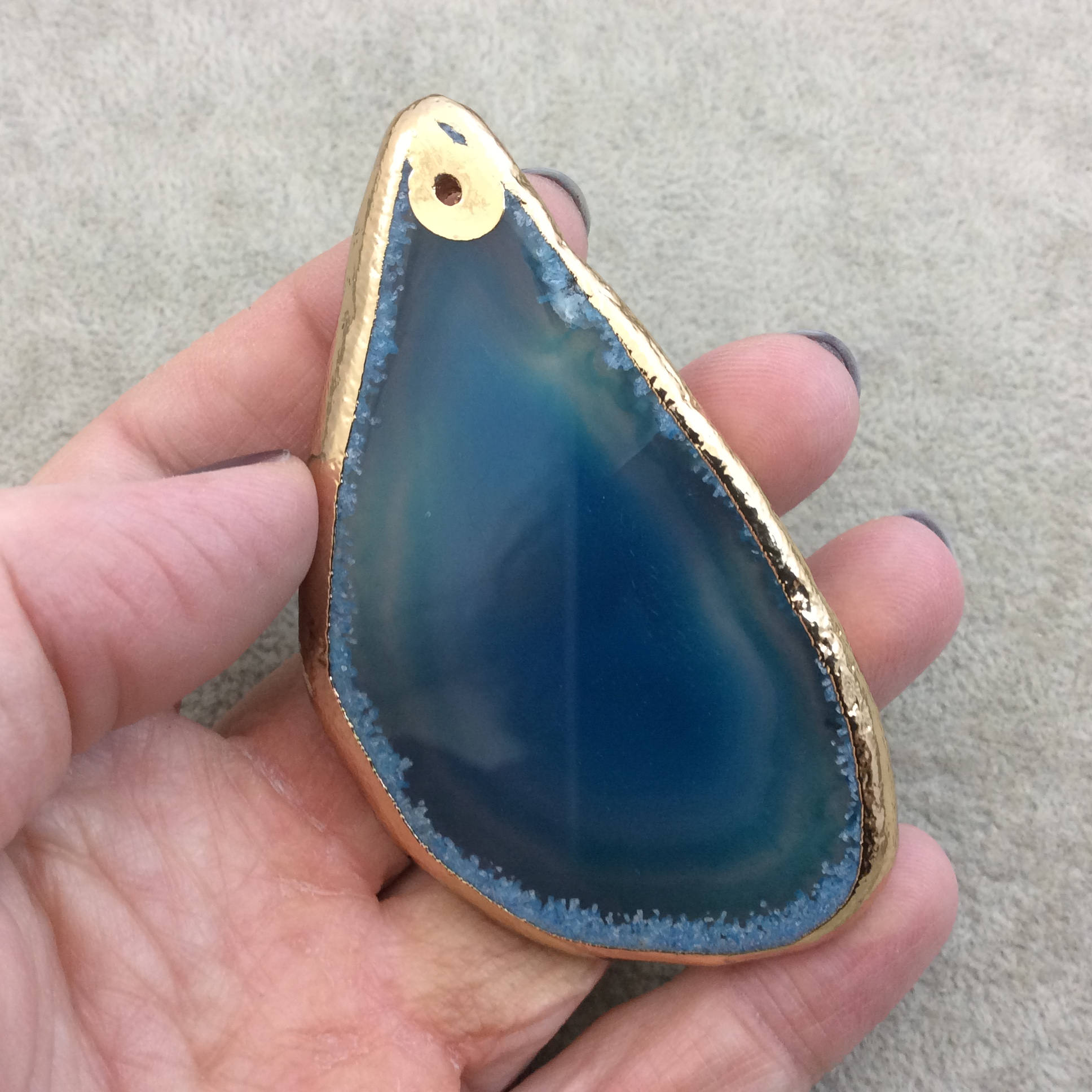 OOAK Large Drilled Gold Electroplated Freeform Shaped Banded Blue Agate "F" Slice Focal Pendant - Measuring 39mm x 75mm, Approximately