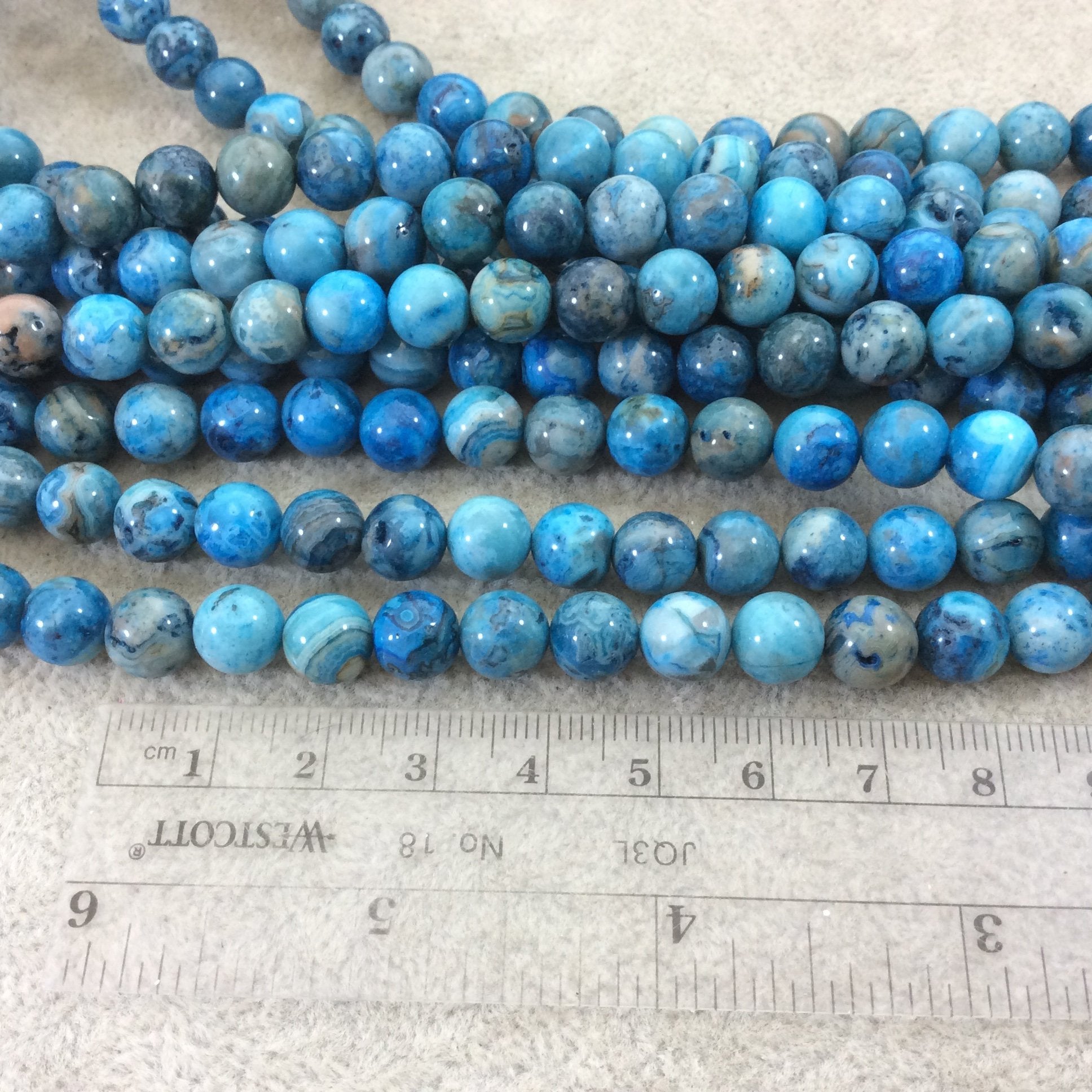 8mm Glossy Finish Dyed Blue Natural Crazy Lace Agate Round/Ball Shaped Beads with 1mm Holes - Sold by 15.5" Strands (Approx. 49 Beads)