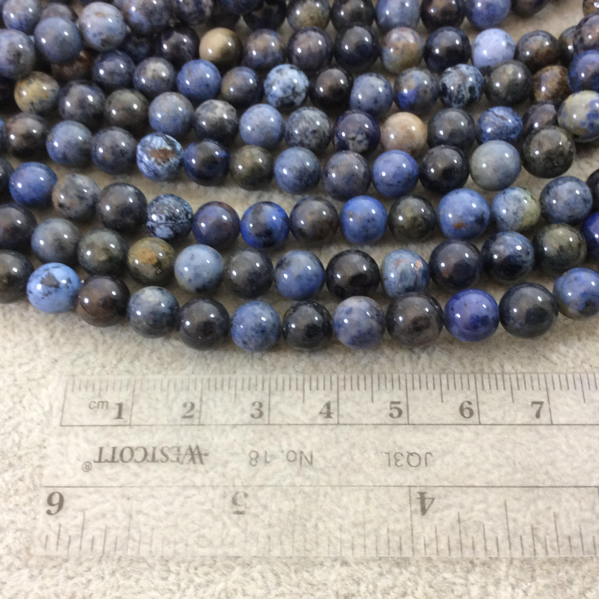 8mm Glossy Finish Natural Mixed Blue Dumortierite Round/Ball Shaped Beads with 1mm Holes - Sold by 15.5" Strands (Approx. 49 Beads)