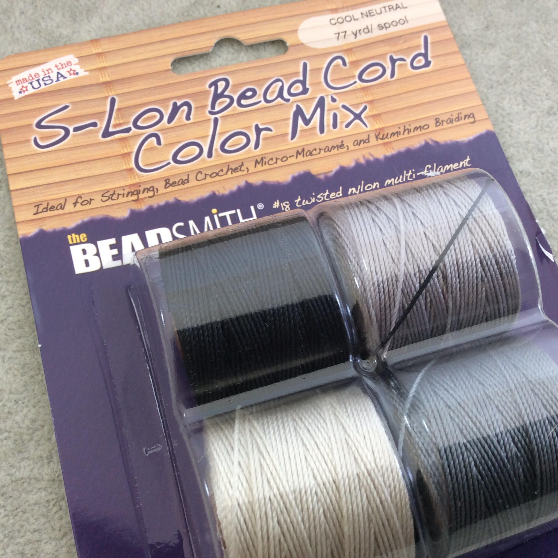 SET OF 4 - Beadsmith S-Lon 210 Color Coordinated Cool Neutral Mix Nylon Macrame/Jewelry Cord Spool Set - 0.5mm Thick - (SL210-MIX162)