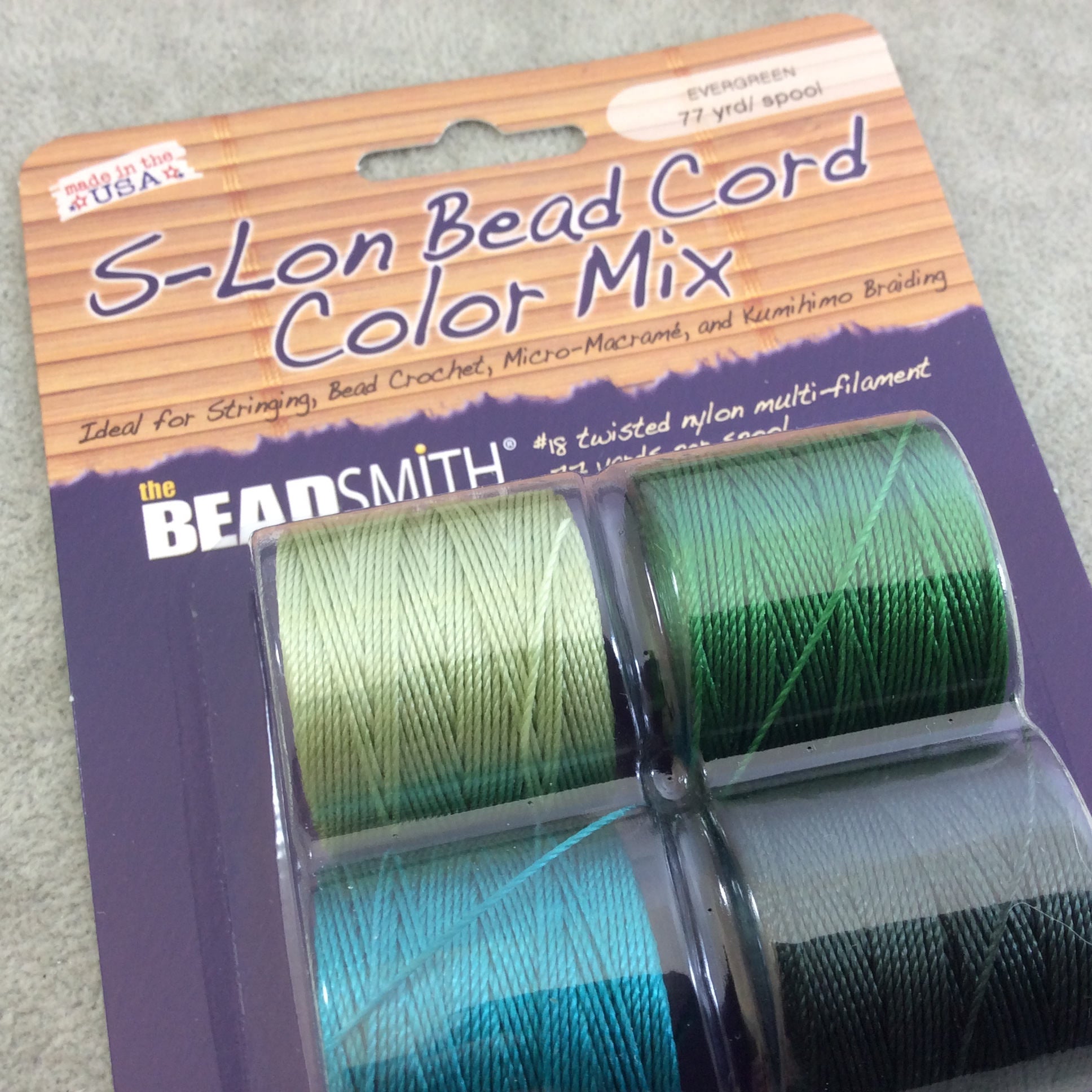 SET OF 4 - Beadsmith S-Lon 210 Color Coordinated Evergreen Mix Nylon Macrame/Jewelry Cord Spool Set - 0.5mm Thick - (SL210-MIX103)