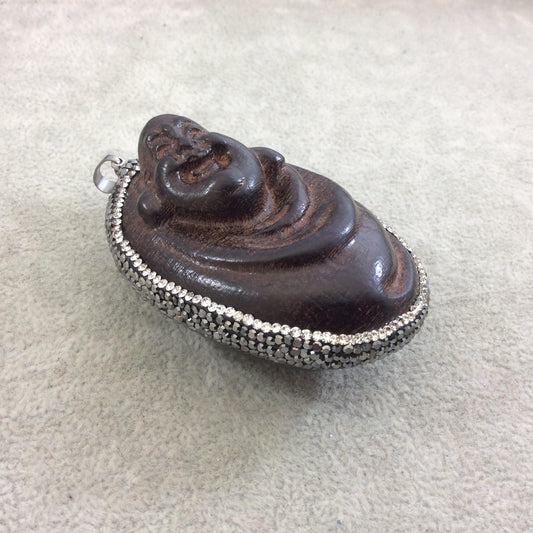 Pave Rhinestone Encrusted Buddha Shaped Resin Pendant with Gray/White Rhinestones and Gunmetal Bail - Measuring 45mm x 65mm, Approx.