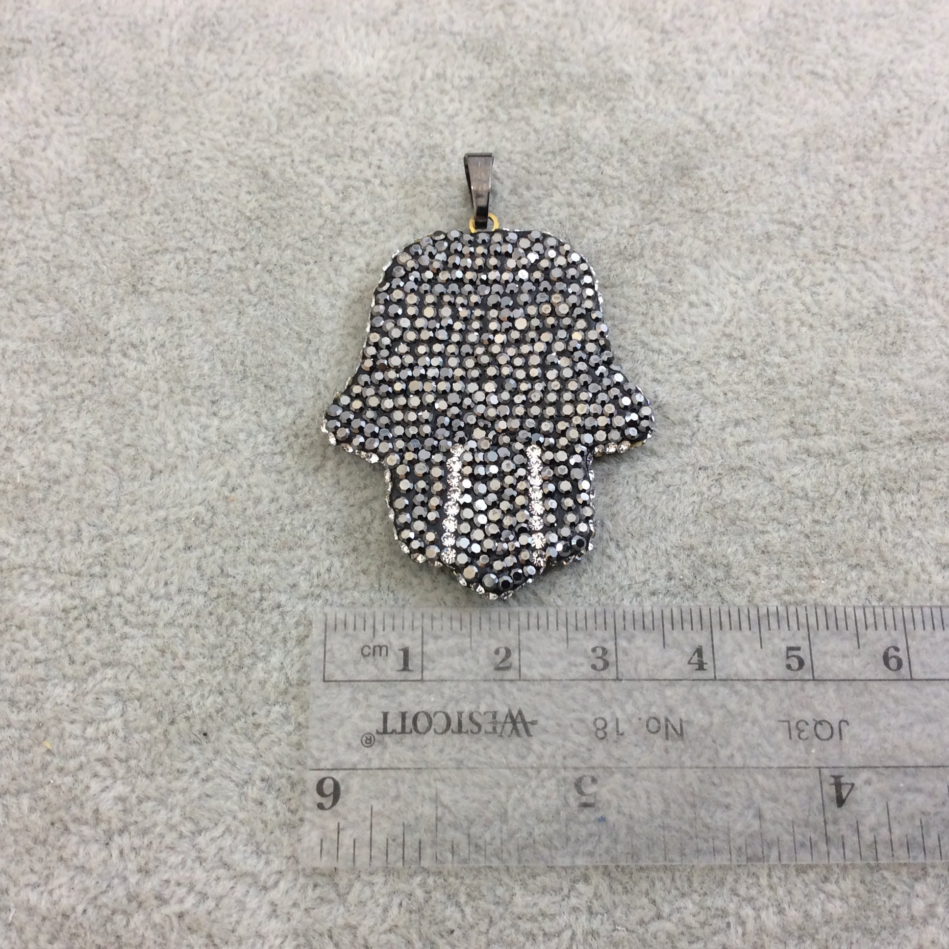 Pave Rhinestone Encrusted Hamsa Hand Shaped Focal Pendant with Gunmetal Plated Bail - Measuring 36mm x 44mm  - Sold Individually