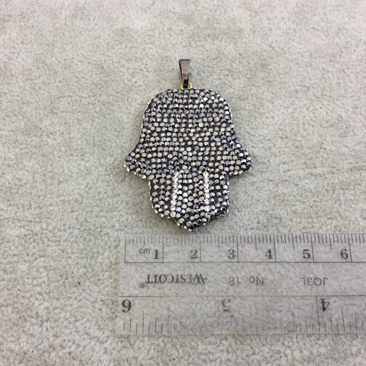 Pave Rhinestone Encrusted Hamsa Hand Shaped Focal Pendant with Gunmetal Plated Bail - Measuring 36mm x 44mm  - Sold Individually