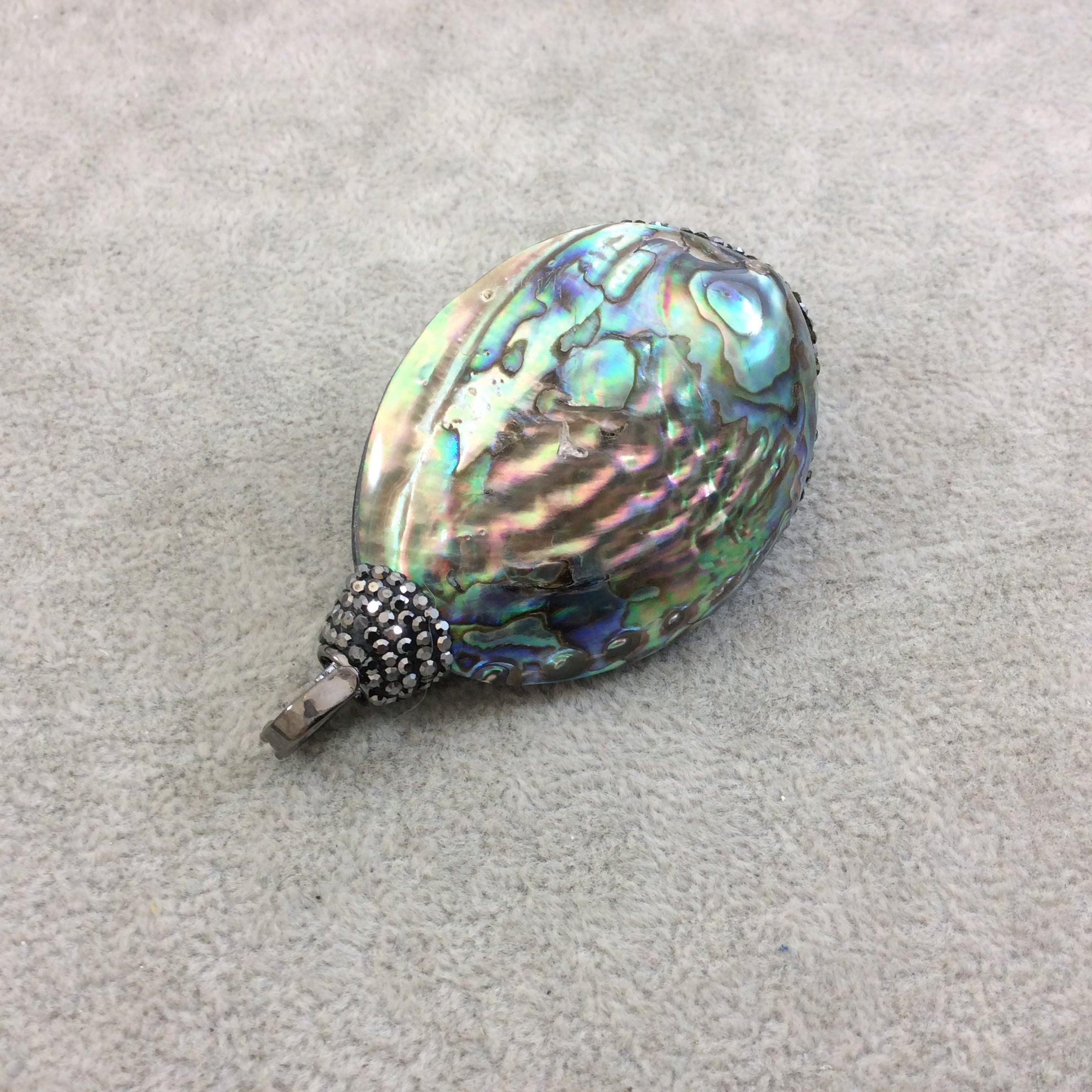 2.5" Pave Rhinestone Encrusted Freeform Shaped Rainbow Abalone Pendant with Gray Rhinestones and Pearl - Measuring 40mm x 60mm, Approx.