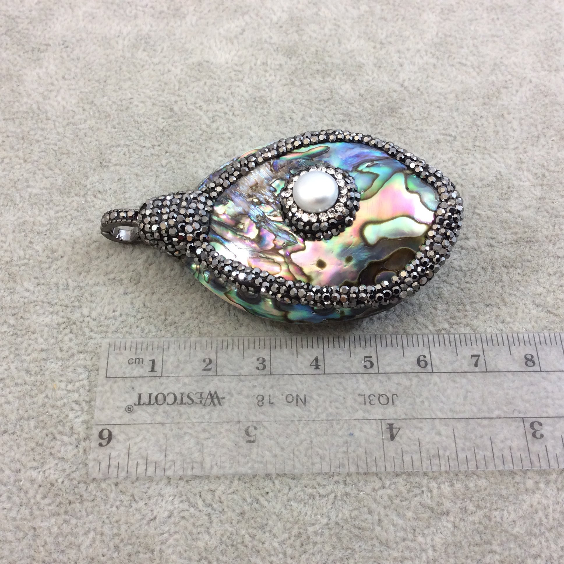 2.5" Pave Rhinestone Encrusted Freeform Shaped Rainbow Abalone Pendant with Gray Rhinestones and Pearl - Measuring 40mm x 60mm, Approx.