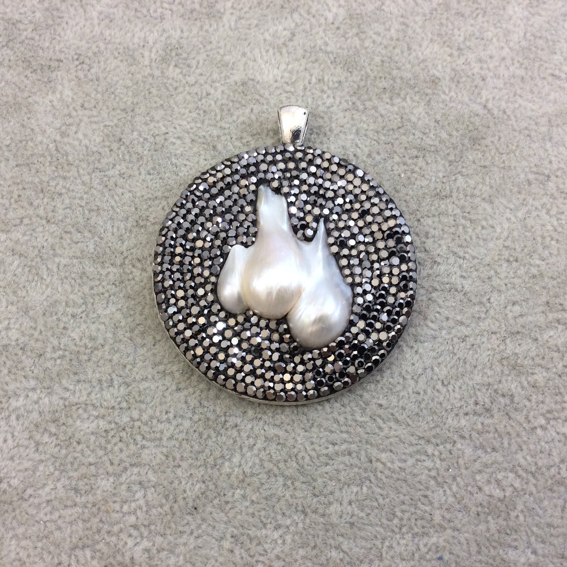 Pave Rhinestone Encrusted Disc/Coin Shaped Silver Metal Pendant with Attached Bail and Pearl - Measuring 48mm x 48mm  - Sold Individually