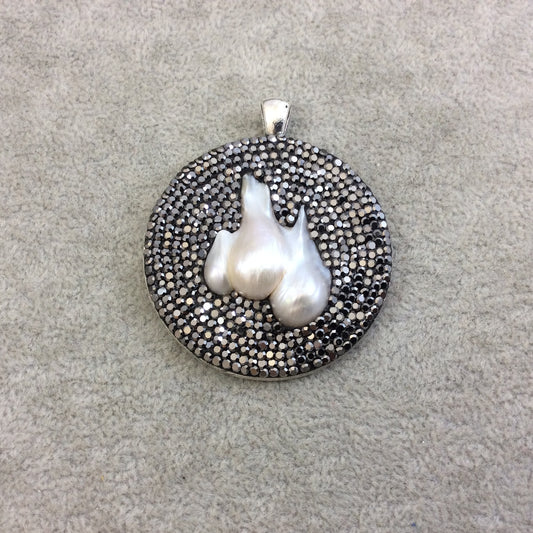 Pave Rhinestone Encrusted Disc/Coin Shaped Silver Metal Pendant with Attached Bail and Pearl - Measuring 48mm x 48mm  - Sold Individually