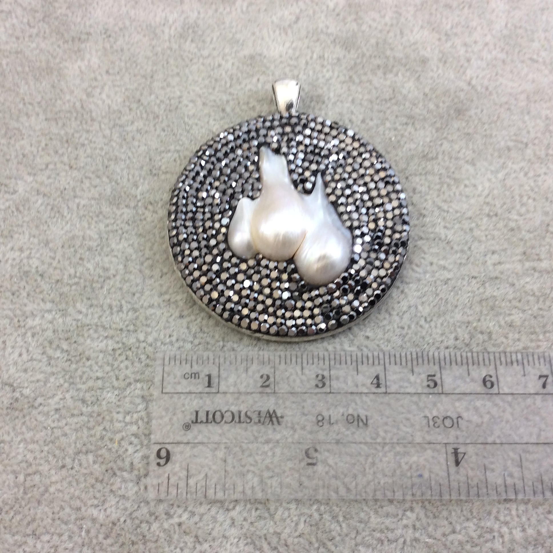 Pave Rhinestone Encrusted Disc/Coin Shaped Silver Metal Pendant with Attached Bail and Pearl - Measuring 48mm x 48mm  - Sold Individually
