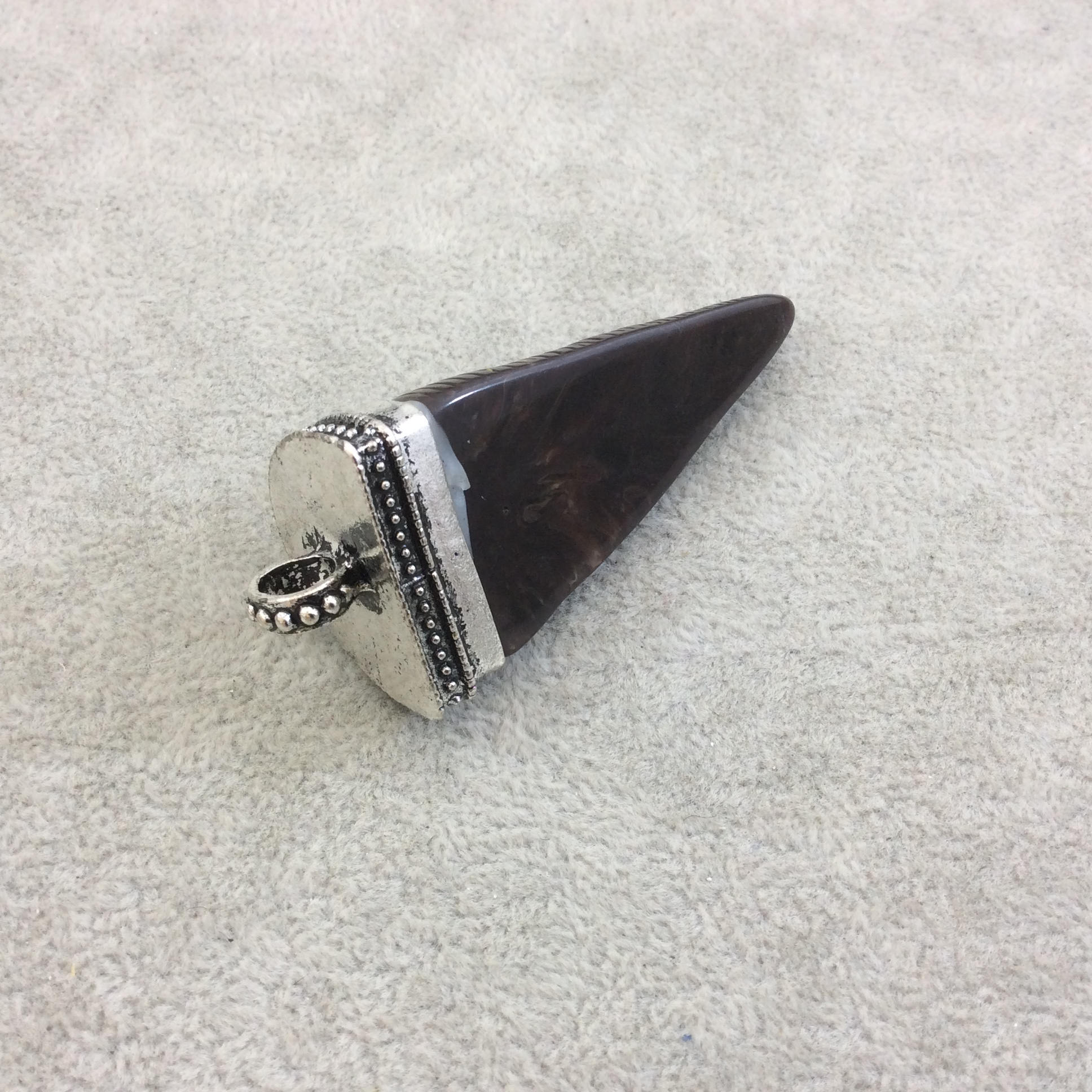 Rhinestone Encrusted Flat Back Cone/Tusk Shaped Resin Pendant with Silver Cap - Measuring 28mm x 62mm, Approx. - Sold Individually