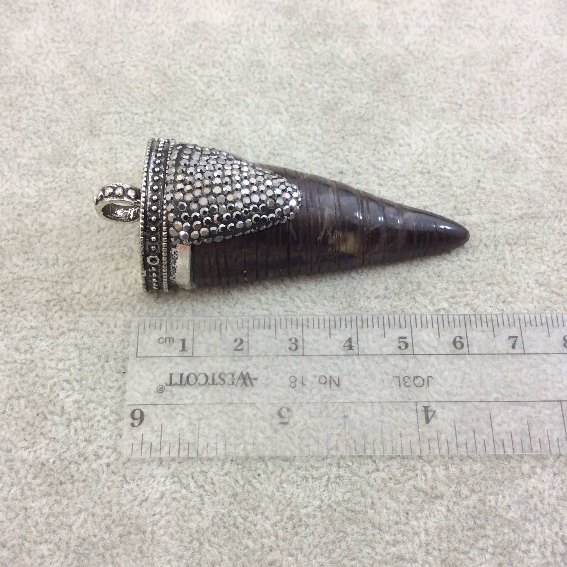 Rhinestone Encrusted Flat Back Cone/Tusk Shaped Resin Pendant with Silver Cap - Measuring 28mm x 62mm, Approx. - Sold Individually