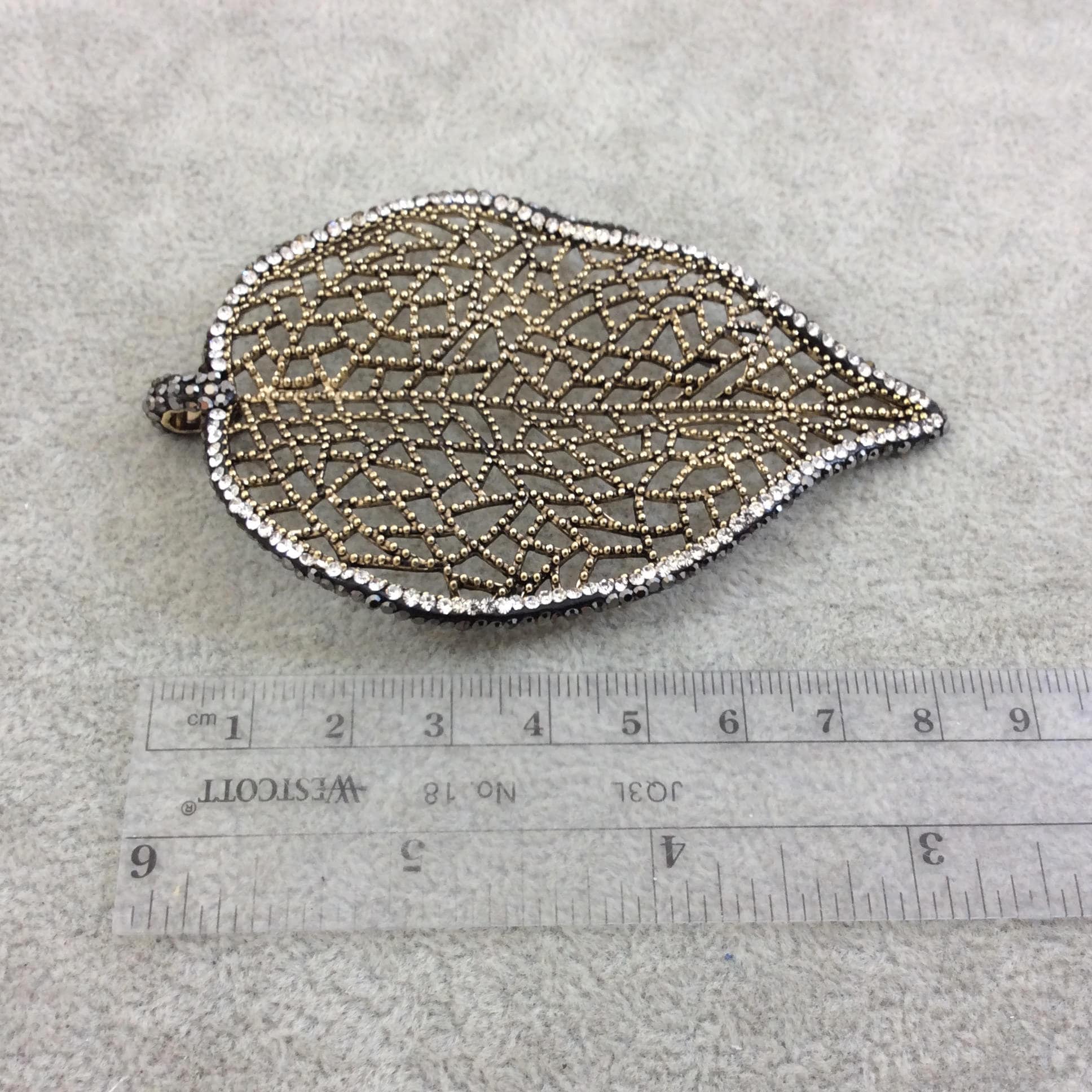 Oxidized Gold Plated Leaf Shaped Inlaid Plated Copper Base Metal Focal Pendant - Measuring 55mm x 82mm  - Sold Individually