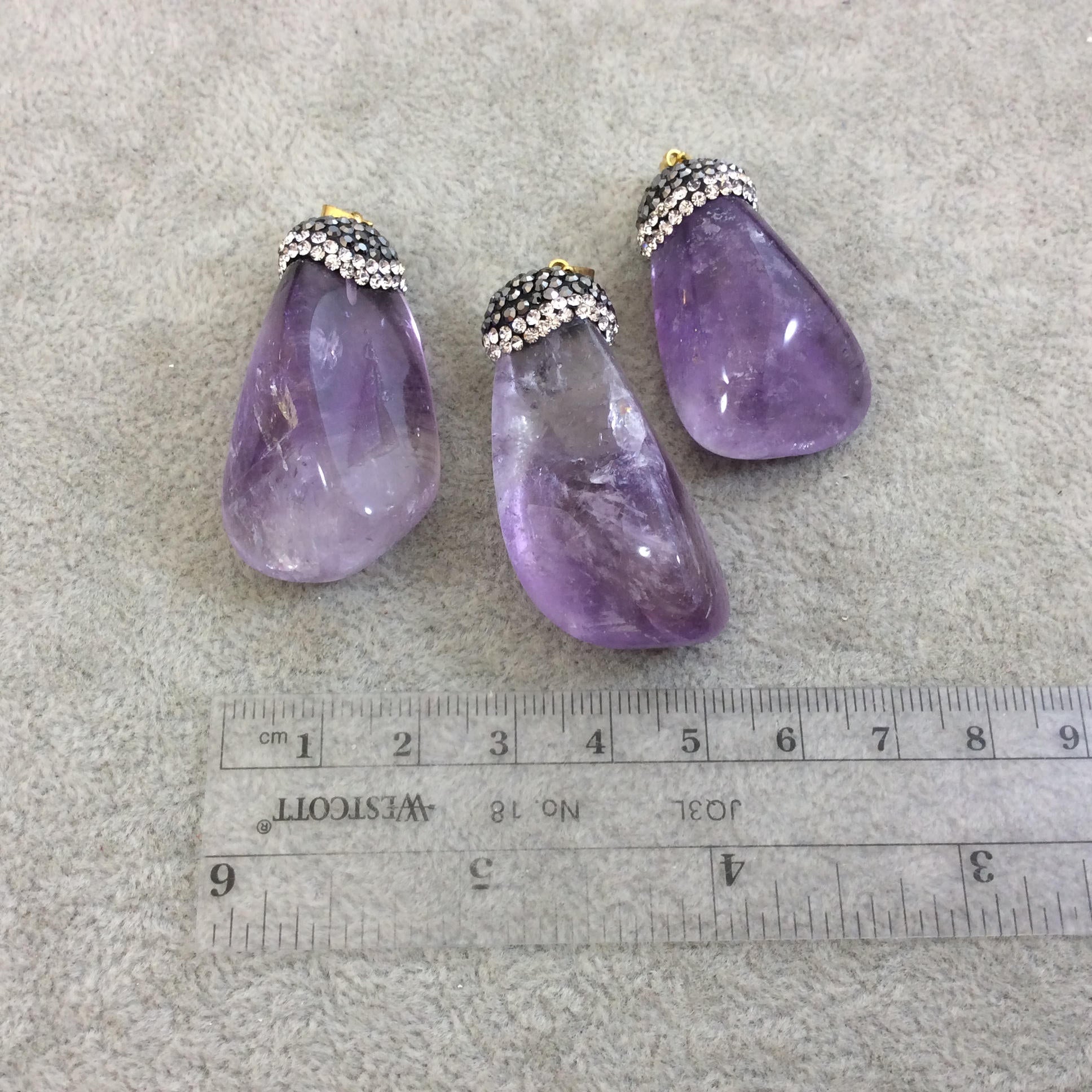 Rhinestone Encrusted Smooth Natural Amethyst Nugget Pendant with Attached Bail - Measuring 35-40mm Long, Approx. - Sold Individually, Random