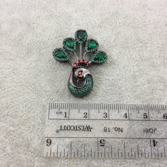 Gunmetal Plated CZ Cubic Zirconia Inlaid Green/Red Peacock Shaped Copper Slider - Measures 30mm x 38mm, Approx. - Sold Individually, RANDOM