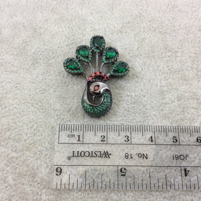 Gunmetal Plated CZ Cubic Zirconia Inlaid Green/Red Peacock Shaped Copper Slider - Measures 30mm x 38mm, Approx. - Sold Individually, RANDOM