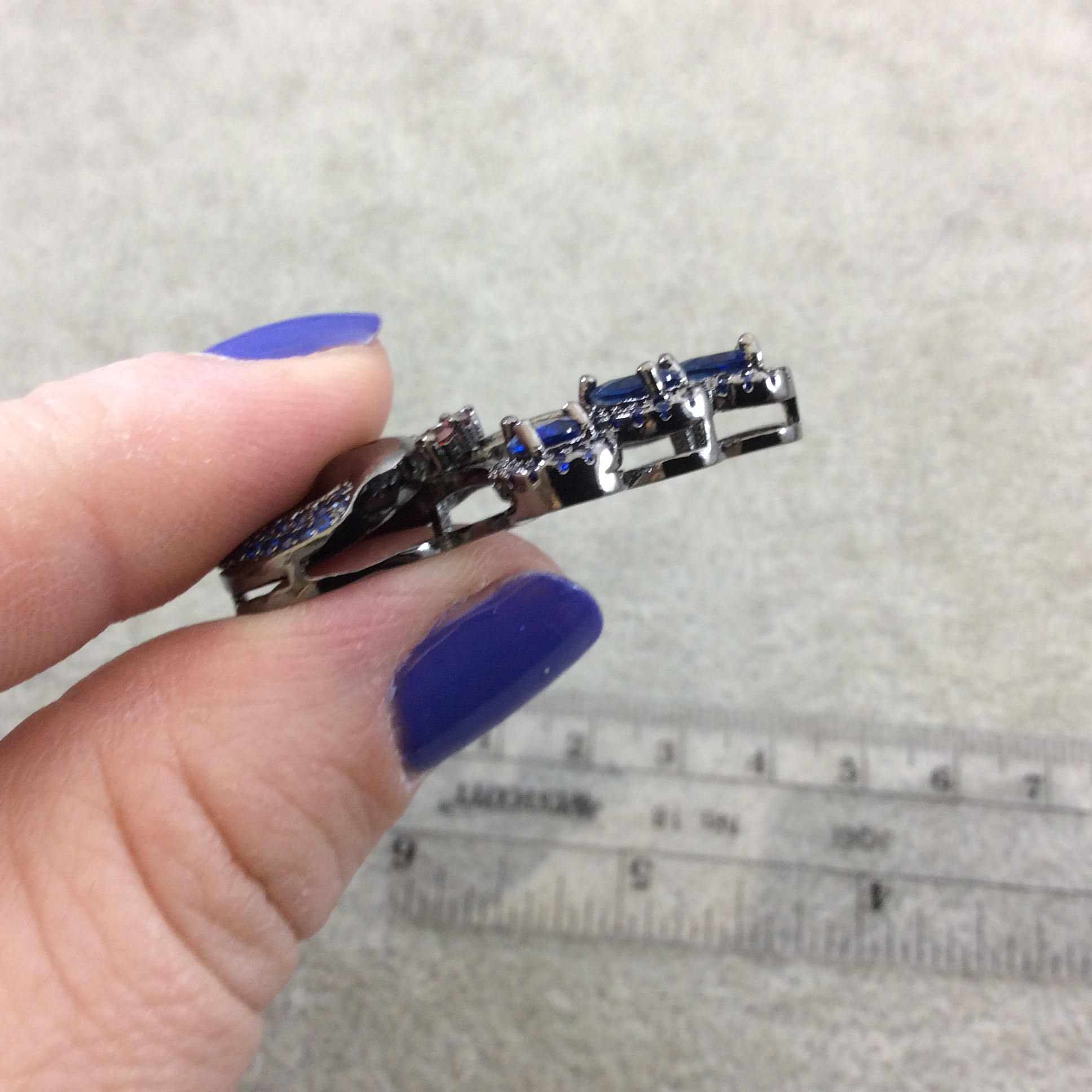 Gunmetal Plated CZ Cubic Zirconia Inlaid Blue/Red Peacock Shaped Copper Slider - Measures 30mm x 38mm, Approx. - Sold Individually, RANDOM