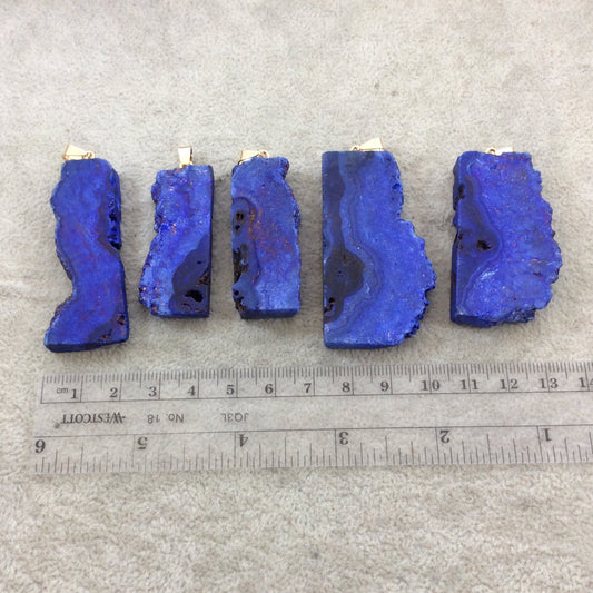 Single Dyed Blue Druzy Agate Freeform Slice Shaped Pendant with Gold Bail - Measuring 20mm x 25-30mm Approx. - Sold Individually, Random