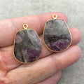 One Pair of OOAK Gold Finish Faceted Ruby in Feldspar Freeform Shaped Bezel Pendants "RP5"- Measuring 22mm x 26mm - Natural Gemstone